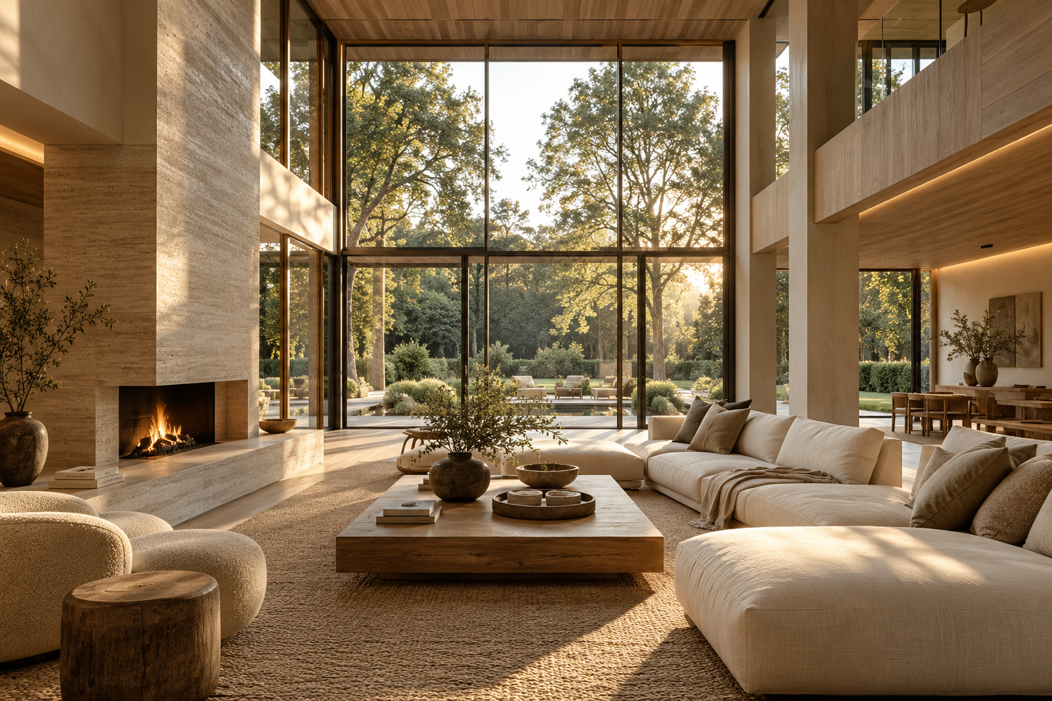 Sfeerbeeld van een royaal Japandi-interieur met eikenhout, natuursteen en uitzicht op groen