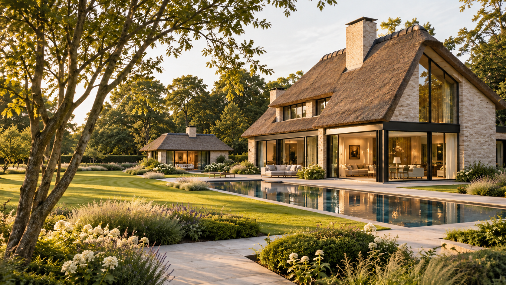Sfeerbeeld van een moderne rietgedekte villa met zwembad en parkachtige tuin